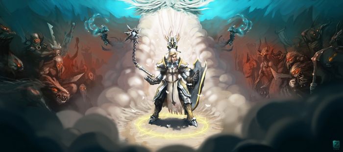Crusader from Diablo III fighting demons
