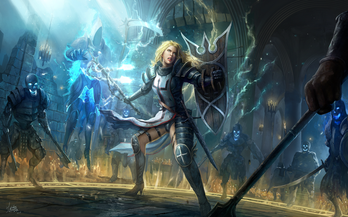 Crusader from Diablo III fighting skeletons