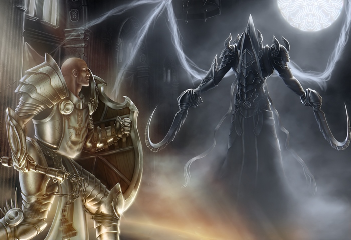 Crusader from Diablo III facing a shadowy figure
