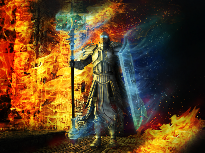 Crusader from Diablo III with fire and ice effects