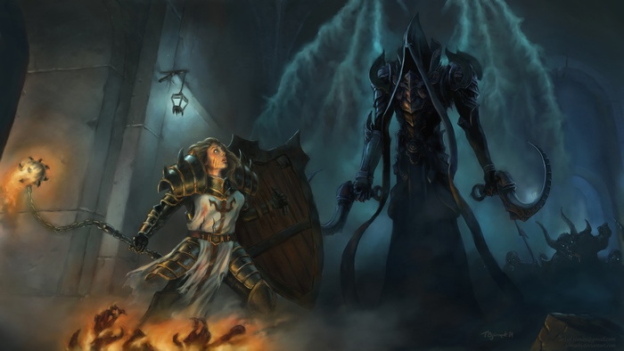 Crusader from Diablo III fighting a shadowy figure