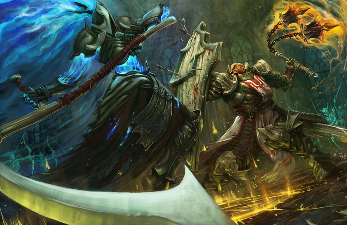 Crusader from Diablo III fighting a skeletal warrior