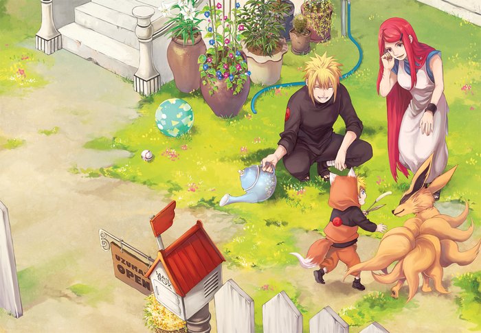 Minato, Kushina, and Naruto Uzumaki with Kurama