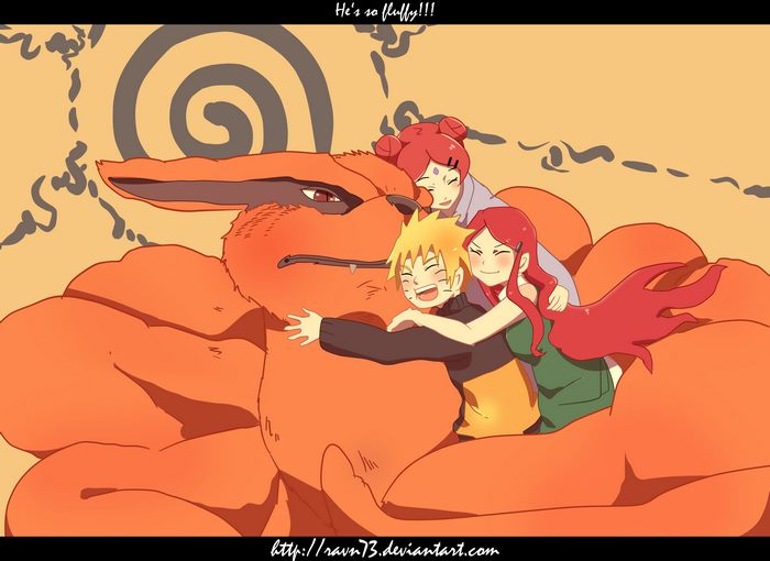 Naruto, Kushina, and Kurama hugging