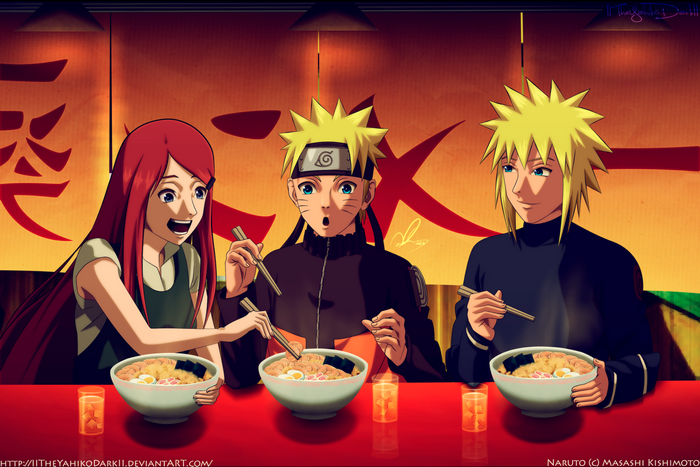 Kushina Uzumaki, Naruto, and Minato Namikaze eating ramen