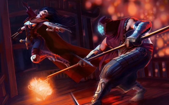 Vayne from League of Legends fighting Jax