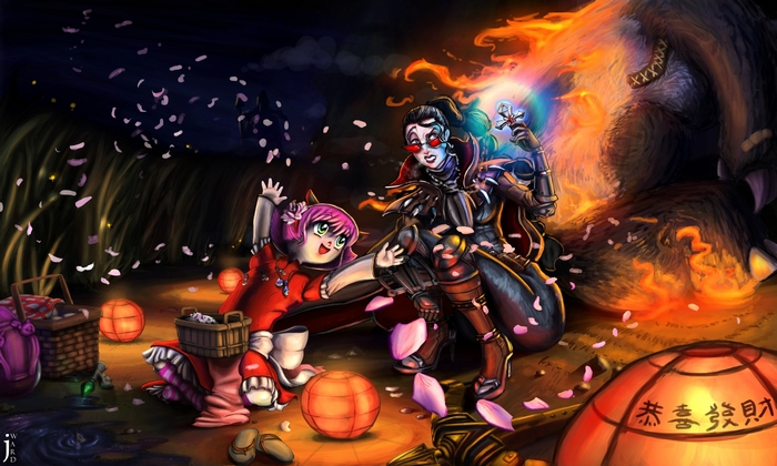 Vayne from League of Legends with a child