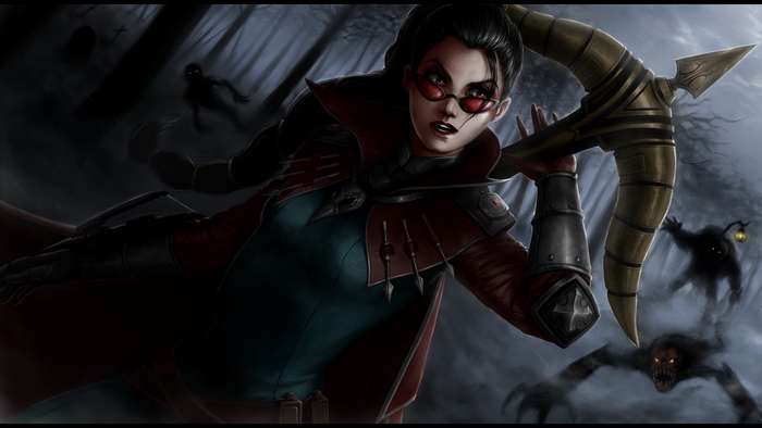 Vayne from League of Legends in a dark forest
