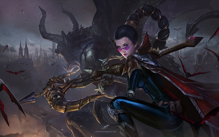 Vayne from League of Legends with a monster