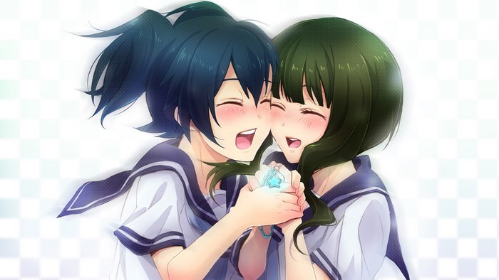 Two girls in sailor uniforms holding a star pendant