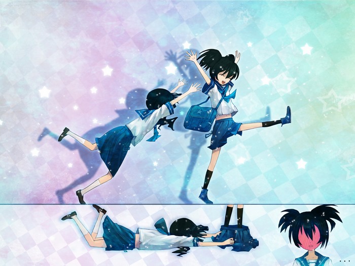 Two girls in sailor uniforms jumping and falling
