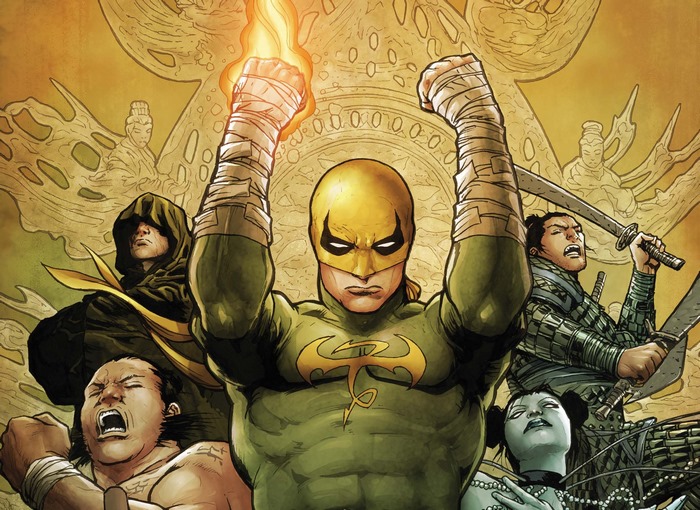 Iron Fist and allies in a comic book illustration