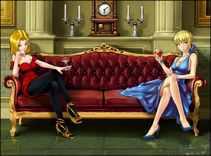 Android 18 and Saber from Fate/stay night on a couch