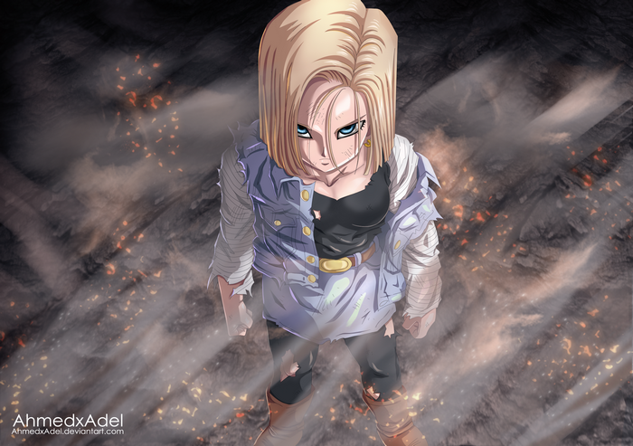 Determined Android 18 Amidst Smoke and Ashes