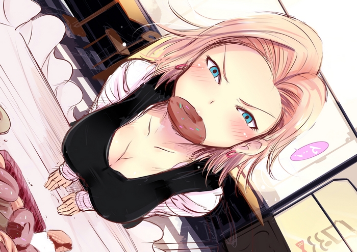 Android 18 from Dragon Ball eating a donut