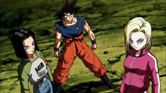 Goku, Android 17, and Android 18 from Dragon Ball Super