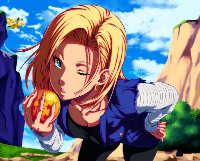 Android 18 holding a Dragon Ball from Dragon Ball