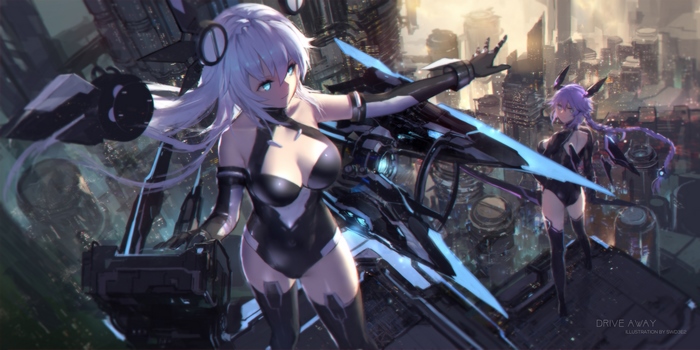 Neptune from Hyperdimension Neptunia in a futuristic city