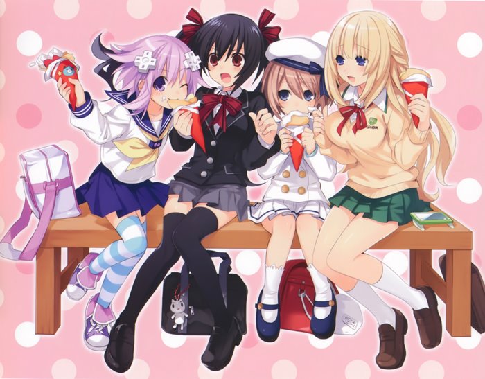 Four girls from Hyperdimension Neptunia eating snacks