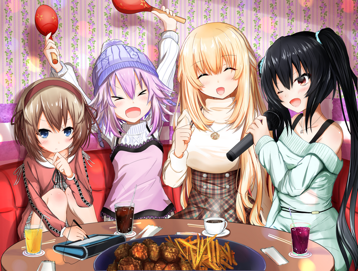 Girls singing karaoke with food and drinks