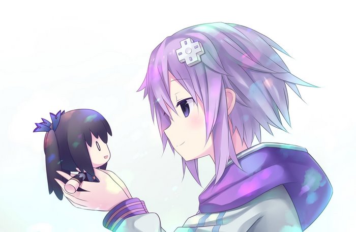 Neptune holding a small character from Hyperdimension Neptunia