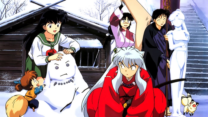 Kagome, Inuyasha, and friends build a snowman in the snow