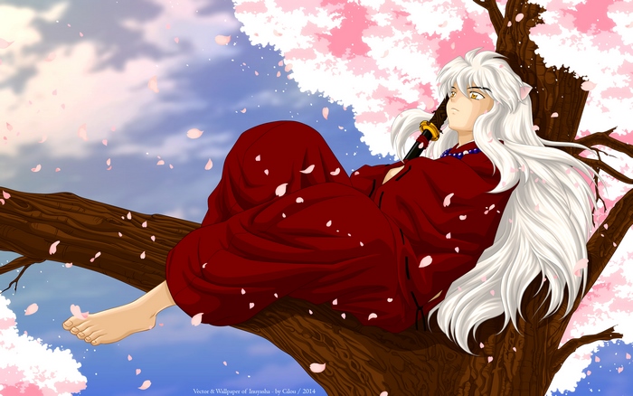 Inuyasha sitting on a tree branch