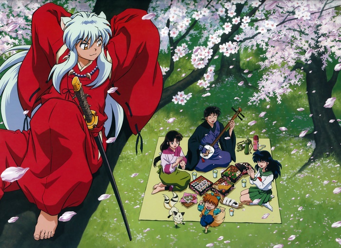 Inuyasha characters having a picnic under cherry blossoms