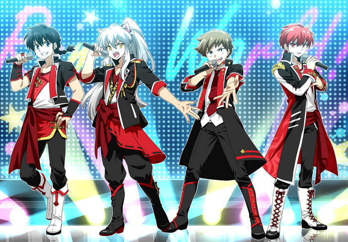 Four male anime characters singing on stage