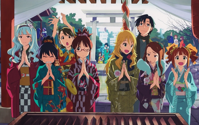 Group of girls in kimonos at a shrine