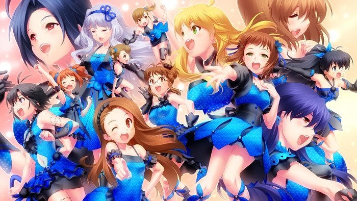 Group of anime girls in blue outfits