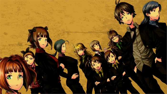 Group of anime characters in black suits