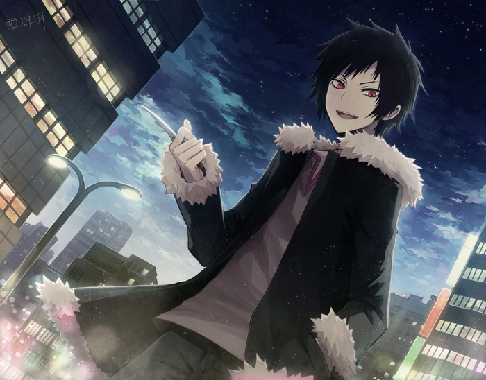 Izaya Orihara with a knife in a city at night