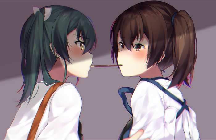 Two anime girls sharing a Pocky stick