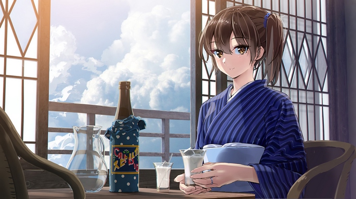 Girl in Yukata drinking sake on a balcony