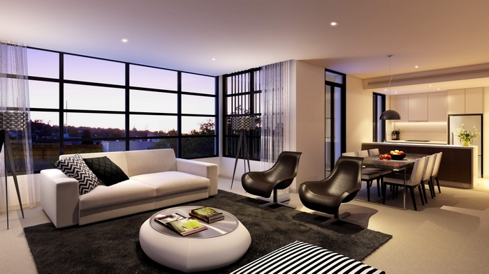 Modern living room and dining area with large windows
