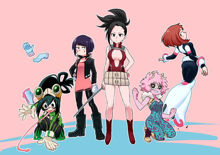My Hero Academia girls: Tsuyu Asui, Kyoka Jiro, Momo Yaoyorozu, Mina Ashido, Ochaco Uraraka