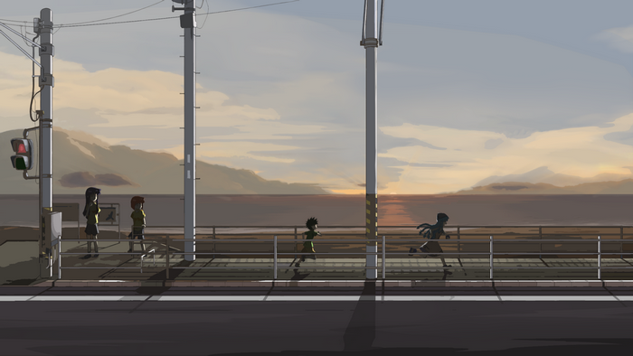 Children on a boardwalk at sunset