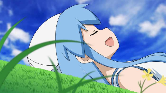 Ika Musume lying on grass under blue sky