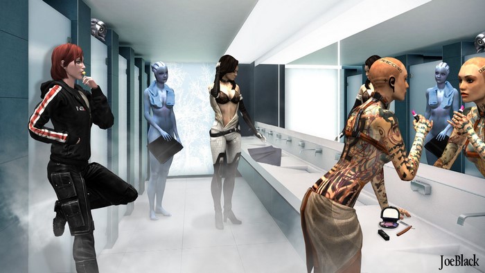 Liara T'Soni and other characters in a bathroom