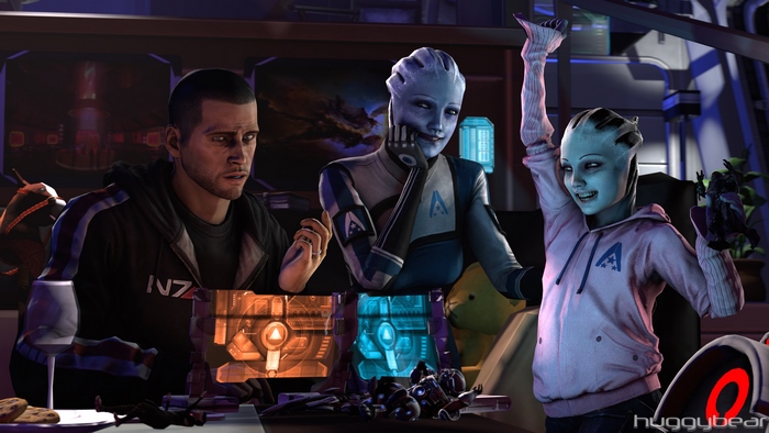 Liara T'Soni and companions in a futuristic room