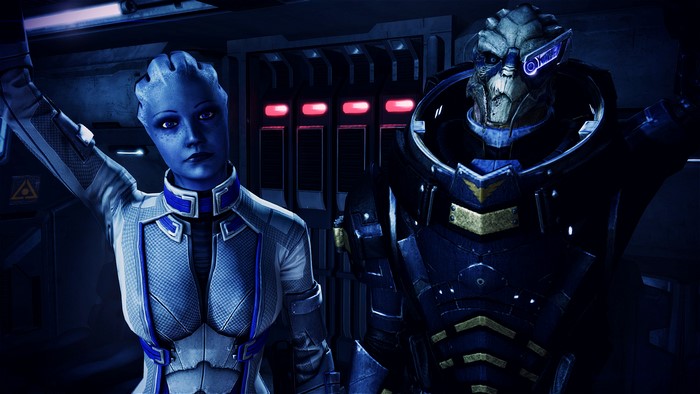 Liara T'Soni and a Turian from Mass Effect