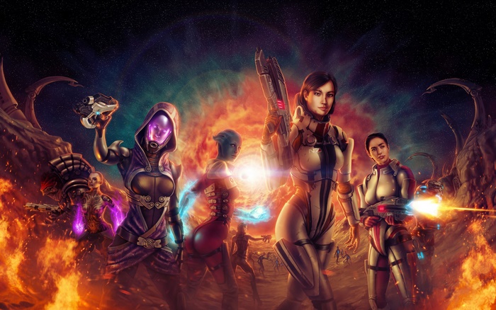 Mass Effect characters in a fiery battle
