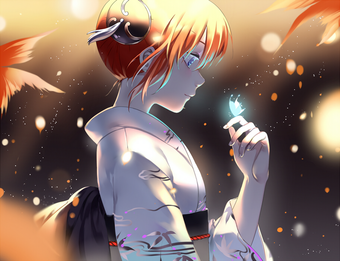 Kagura from Gintama holding a glowing butterfly