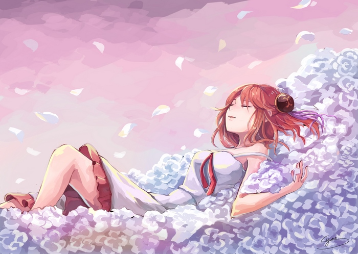 Kagura from Gintama sleeping on flowers
