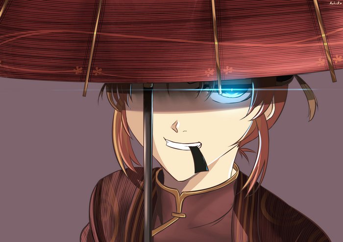 Kagura from Gintama under a red umbrella