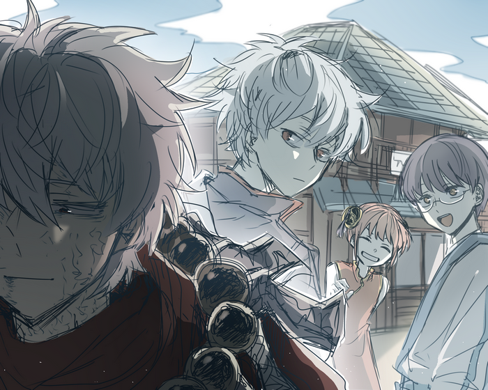Characters from Gintama in front of a building