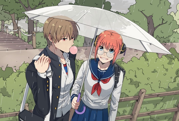 Kagura from Gintama under an umbrella in the rain