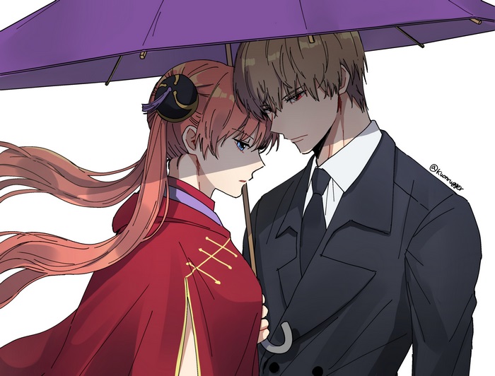 Kagura and Gintoki under an umbrella