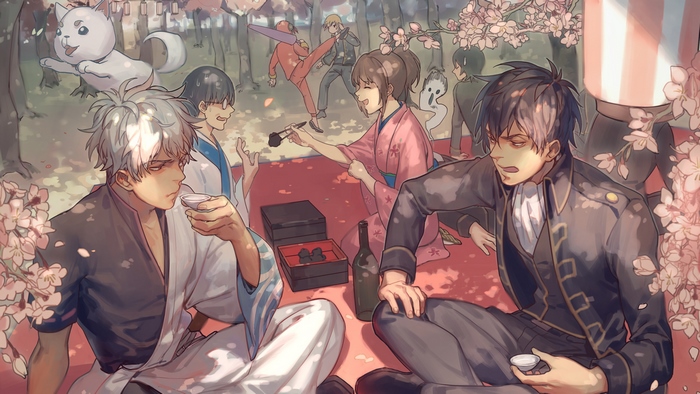 Gintama characters enjoying a picnic under cherry blossoms